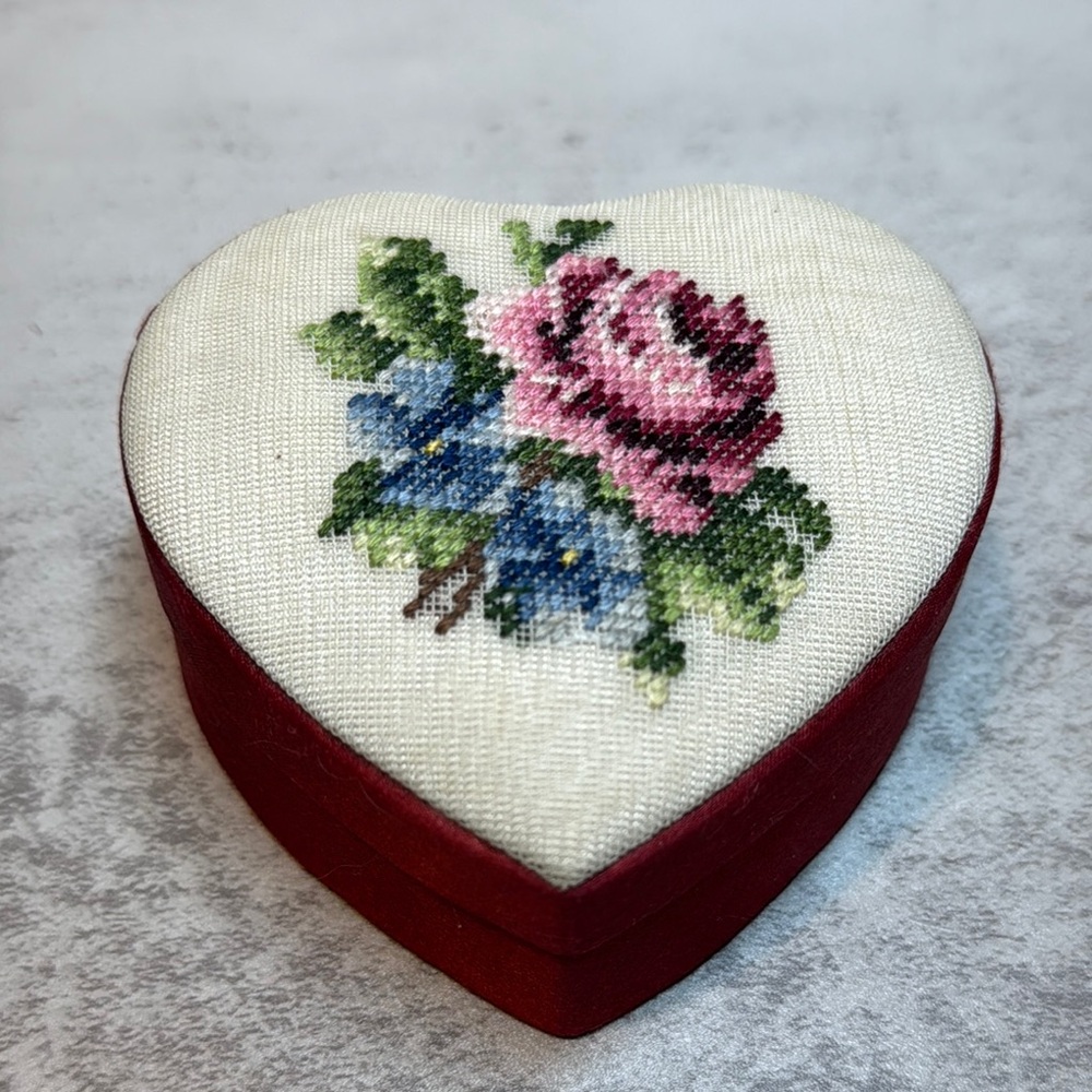 Vintage FETCO Heart-Shaped Floral Embroidered Box Hand Stitched in China